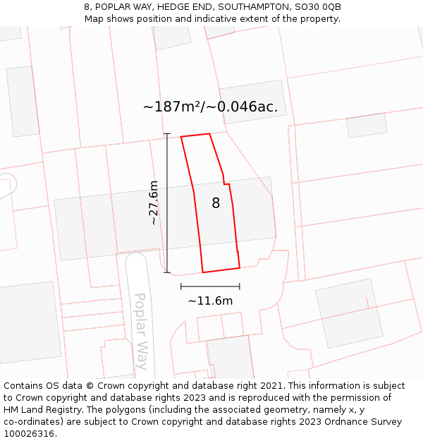 8, POPLAR WAY, HEDGE END, SOUTHAMPTON, SO30 0QB: Plot and title map