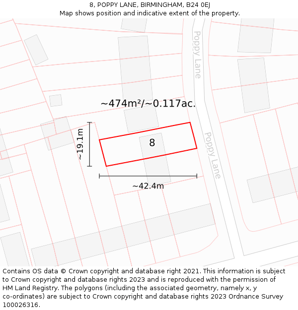 8, POPPY LANE, BIRMINGHAM, B24 0EJ: Plot and title map