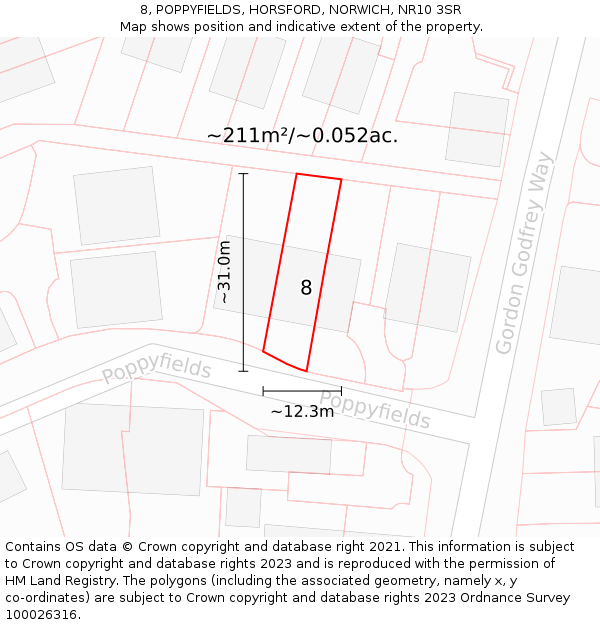 8, POPPYFIELDS, HORSFORD, NORWICH, NR10 3SR: Plot and title map