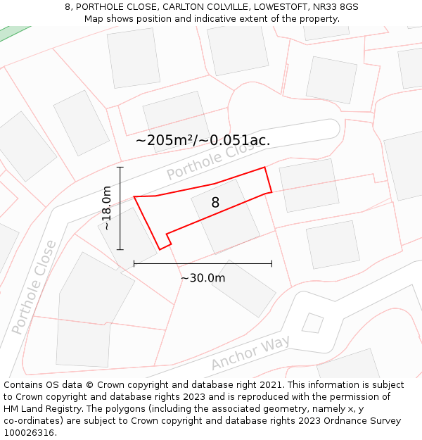 8, PORTHOLE CLOSE, CARLTON COLVILLE, LOWESTOFT, NR33 8GS: Plot and title map