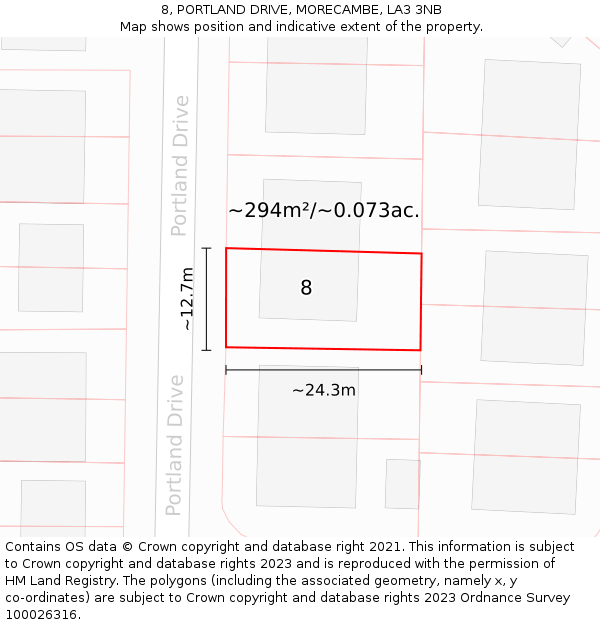 8, PORTLAND DRIVE, MORECAMBE, LA3 3NB: Plot and title map