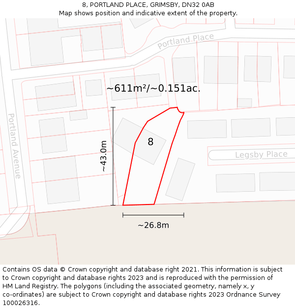 8, PORTLAND PLACE, GRIMSBY, DN32 0AB: Plot and title map