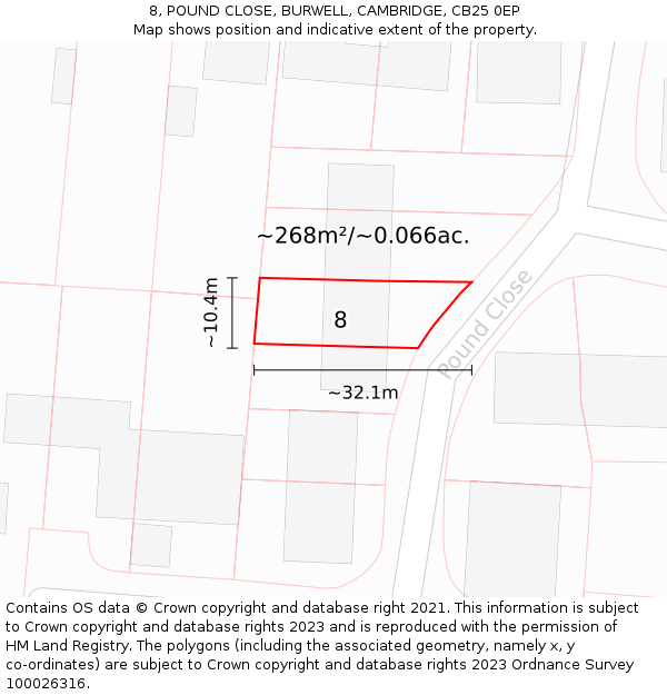 8, POUND CLOSE, BURWELL, CAMBRIDGE, CB25 0EP: Plot and title map