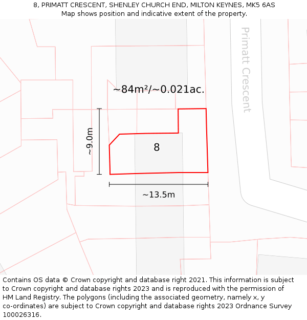 8, PRIMATT CRESCENT, SHENLEY CHURCH END, MILTON KEYNES, MK5 6AS: Plot and title map