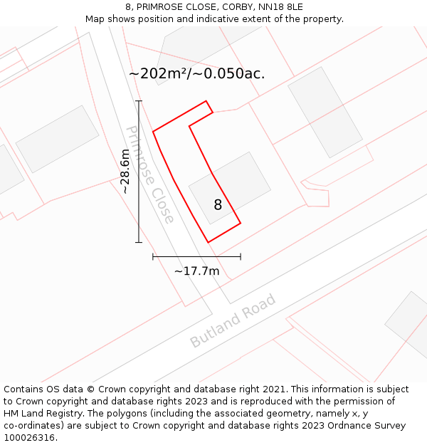 8, PRIMROSE CLOSE, CORBY, NN18 8LE: Plot and title map