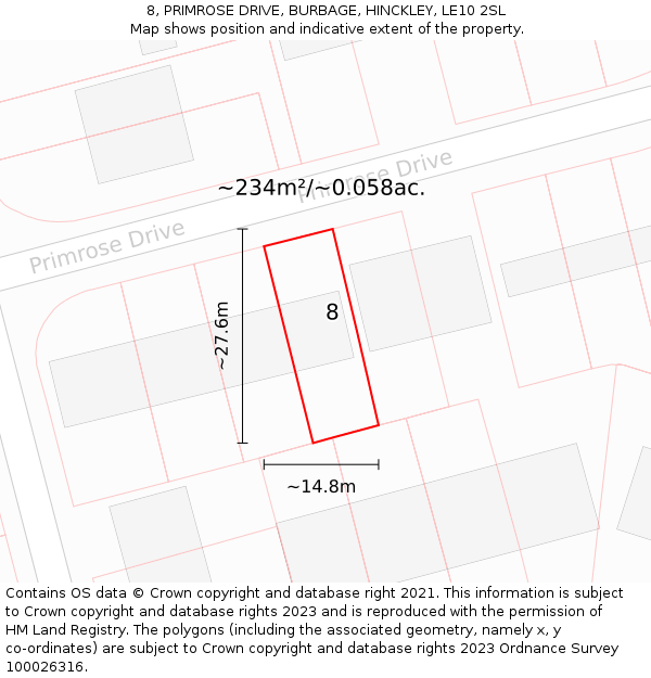 8, PRIMROSE DRIVE, BURBAGE, HINCKLEY, LE10 2SL: Plot and title map