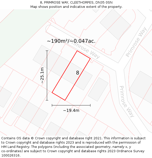 8, PRIMROSE WAY, CLEETHORPES, DN35 0SN: Plot and title map