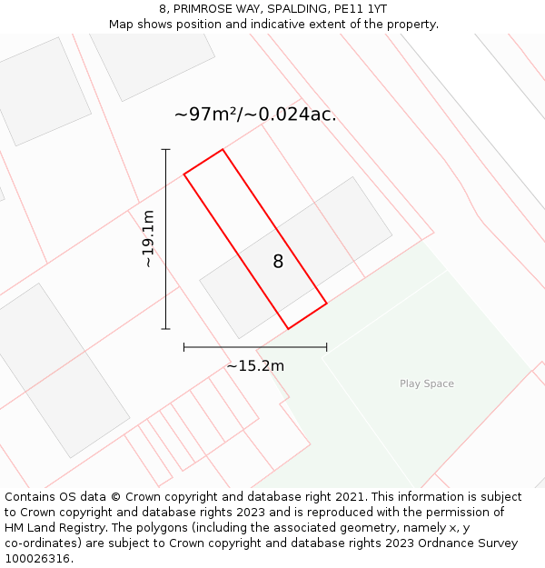 8, PRIMROSE WAY, SPALDING, PE11 1YT: Plot and title map