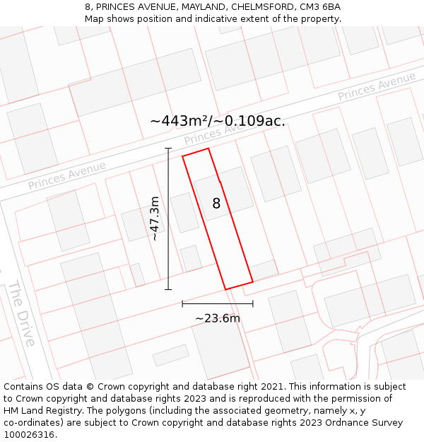 8, PRINCES AVENUE, MAYLAND, CHELMSFORD, CM3 6BA: Plot and title map
