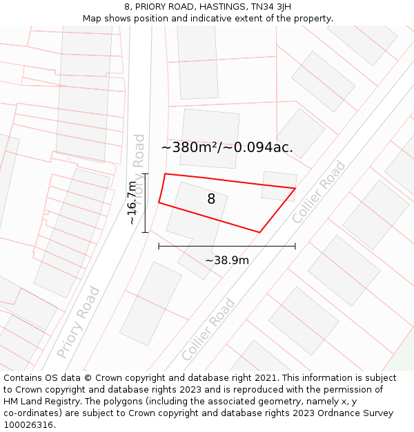 8, PRIORY ROAD, HASTINGS, TN34 3JH: Plot and title map
