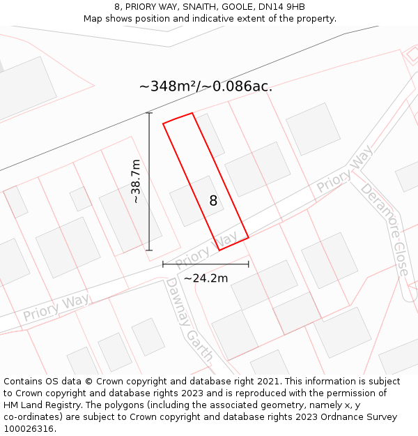 8, PRIORY WAY, SNAITH, GOOLE, DN14 9HB: Plot and title map