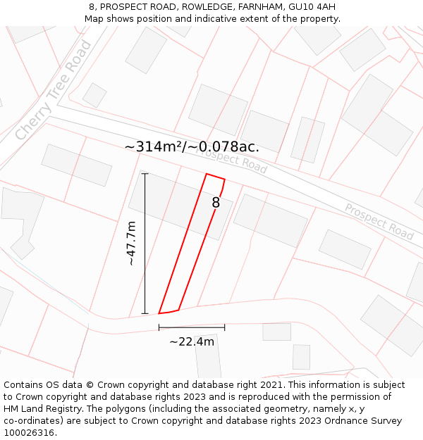 8, PROSPECT ROAD, ROWLEDGE, FARNHAM, GU10 4AH: Plot and title map