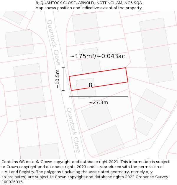 8, QUANTOCK CLOSE, ARNOLD, NOTTINGHAM, NG5 9QA: Plot and title map