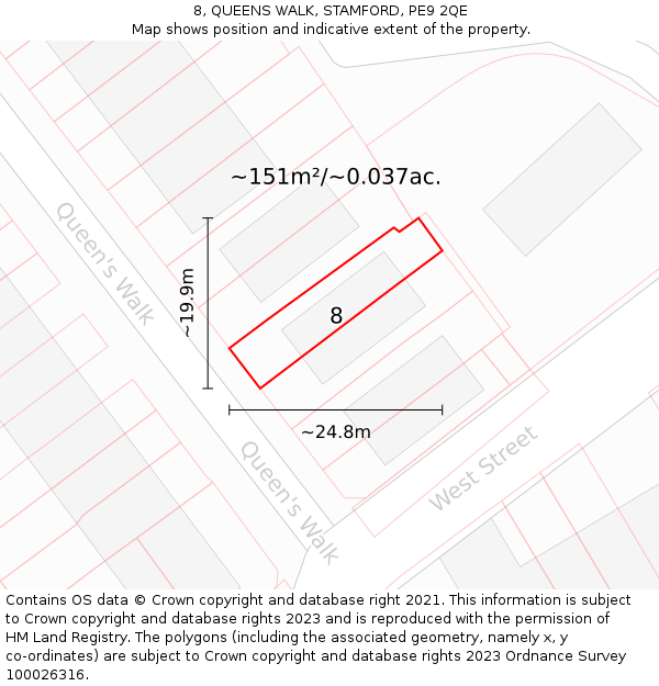 8, QUEENS WALK, STAMFORD, PE9 2QE: Plot and title map