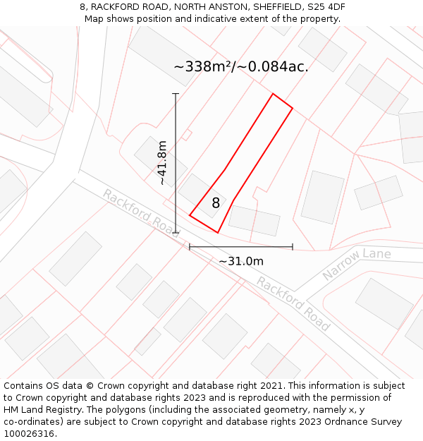 8, RACKFORD ROAD, NORTH ANSTON, SHEFFIELD, S25 4DF: Plot and title map