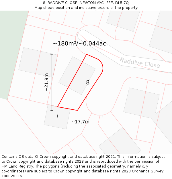 8, RADDIVE CLOSE, NEWTON AYCLIFFE, DL5 7QJ: Plot and title map