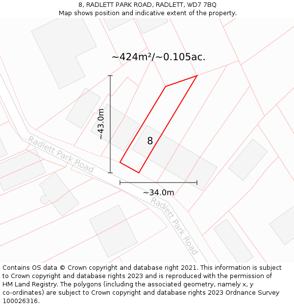 8, RADLETT PARK ROAD, RADLETT, WD7 7BQ: Plot and title map