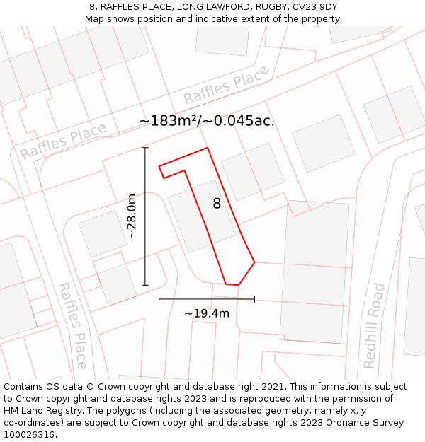 8, RAFFLES PLACE, LONG LAWFORD, RUGBY, CV23 9DY: Plot and title map