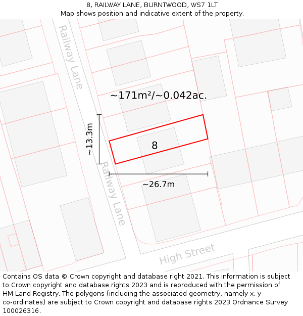 8, RAILWAY LANE, BURNTWOOD, WS7 1LT: Plot and title map