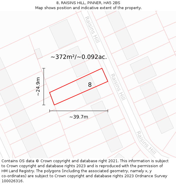 8, RAISINS HILL, PINNER, HA5 2BS: Plot and title map