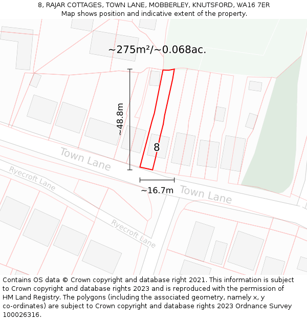 8, RAJAR COTTAGES, TOWN LANE, MOBBERLEY, KNUTSFORD, WA16 7ER: Plot and title map