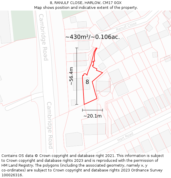 8, RANULF CLOSE, HARLOW, CM17 0GX: Plot and title map