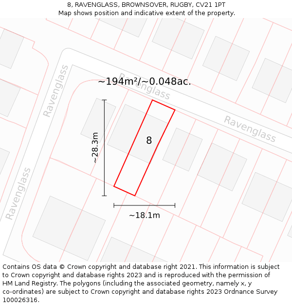 8, RAVENGLASS, BROWNSOVER, RUGBY, CV21 1PT: Plot and title map