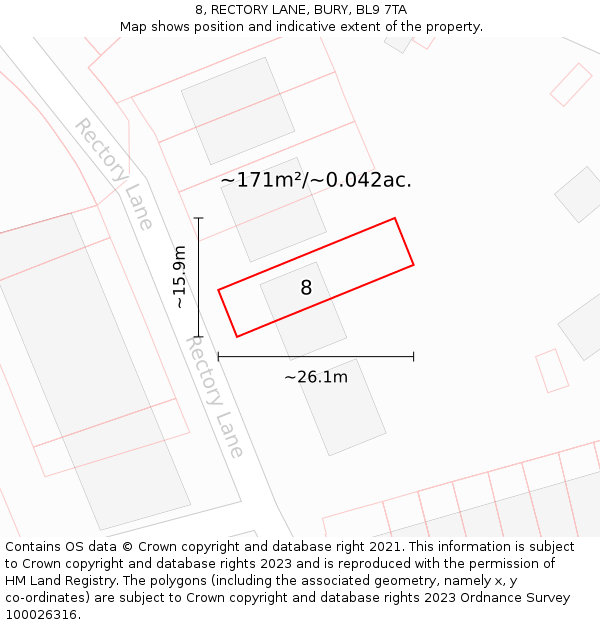 8, RECTORY LANE, BURY, BL9 7TA: Plot and title map