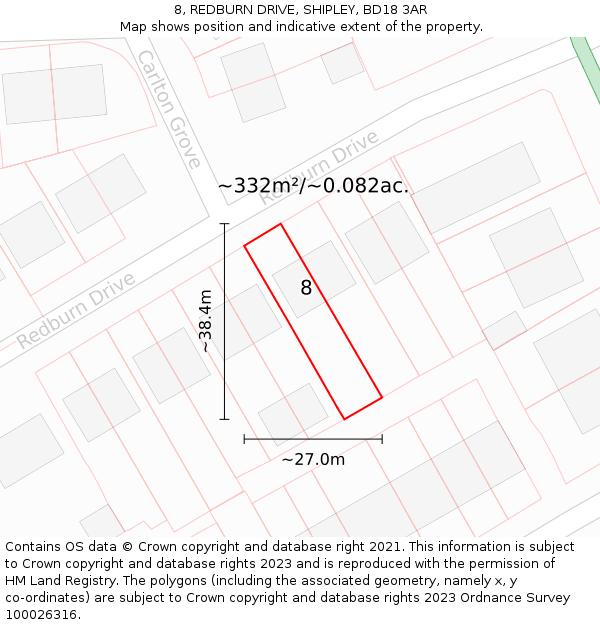 8, REDBURN DRIVE, SHIPLEY, BD18 3AR: Plot and title map