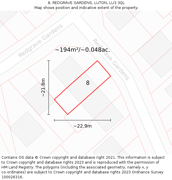 8, REDGRAVE GARDENS, LUTON, LU3 3QL: Plot and title map