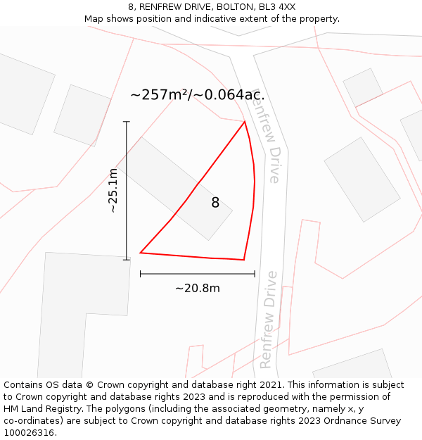 8, RENFREW DRIVE, BOLTON, BL3 4XX: Plot and title map