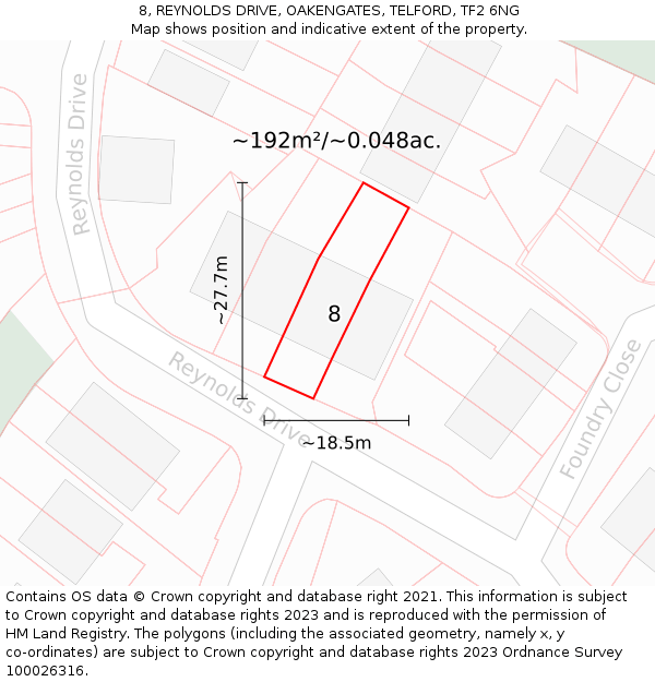 8, REYNOLDS DRIVE, OAKENGATES, TELFORD, TF2 6NG: Plot and title map