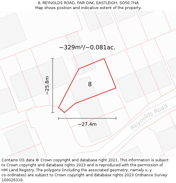 8, REYNOLDS ROAD, FAIR OAK, EASTLEIGH, SO50 7NA: Plot and title map