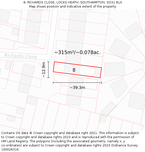 8, RICHARDS CLOSE, LOCKS HEATH, SOUTHAMPTON, SO31 6LN: Plot and title map