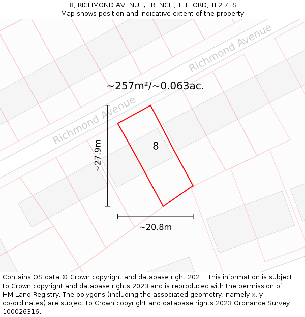 8, RICHMOND AVENUE, TRENCH, TELFORD, TF2 7ES: Plot and title map