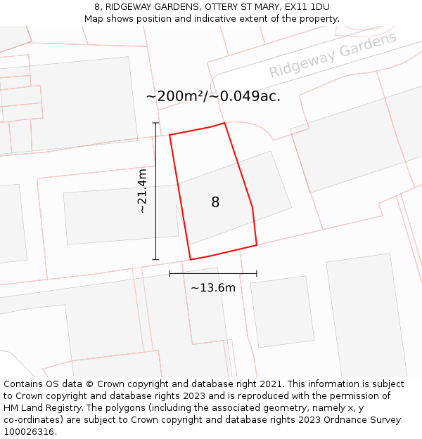 8, RIDGEWAY GARDENS, OTTERY ST MARY, EX11 1DU: Plot and title map
