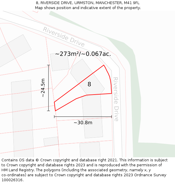 8, RIVERSIDE DRIVE, URMSTON, MANCHESTER, M41 9FL: Plot and title map