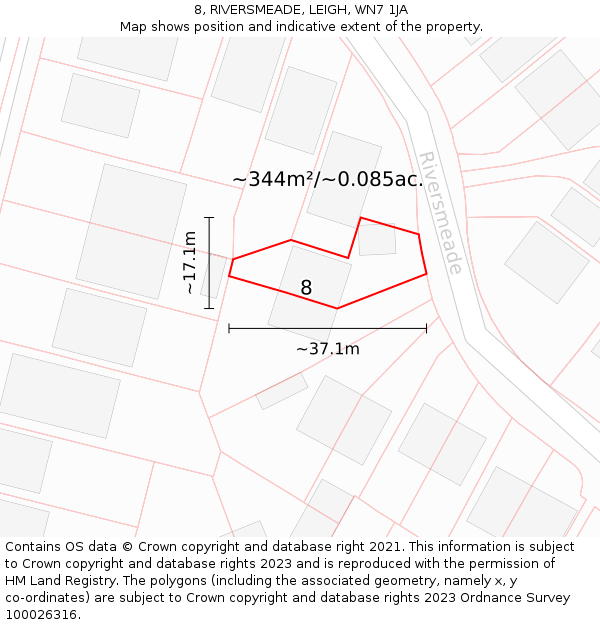 8, RIVERSMEADE, LEIGH, WN7 1JA: Plot and title map