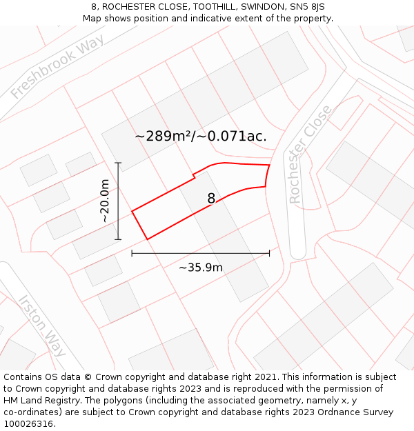 8, ROCHESTER CLOSE, TOOTHILL, SWINDON, SN5 8JS: Plot and title map