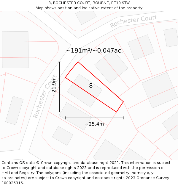 8, ROCHESTER COURT, BOURNE, PE10 9TW: Plot and title map