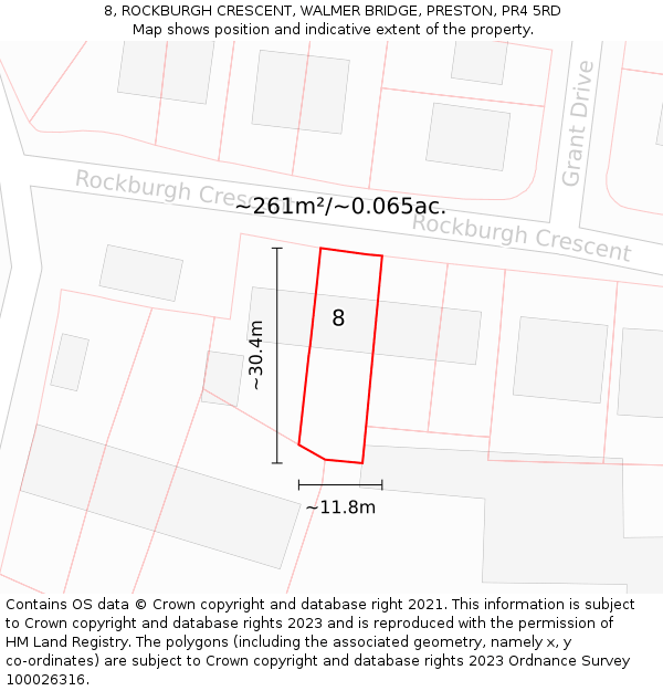 8, ROCKBURGH CRESCENT, WALMER BRIDGE, PRESTON, PR4 5RD: Plot and title map