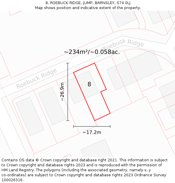 8, ROEBUCK RIDGE, JUMP, BARNSLEY, S74 0LJ: Plot and title map