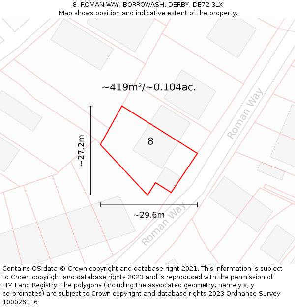 8, ROMAN WAY, BORROWASH, DERBY, DE72 3LX: Plot and title map