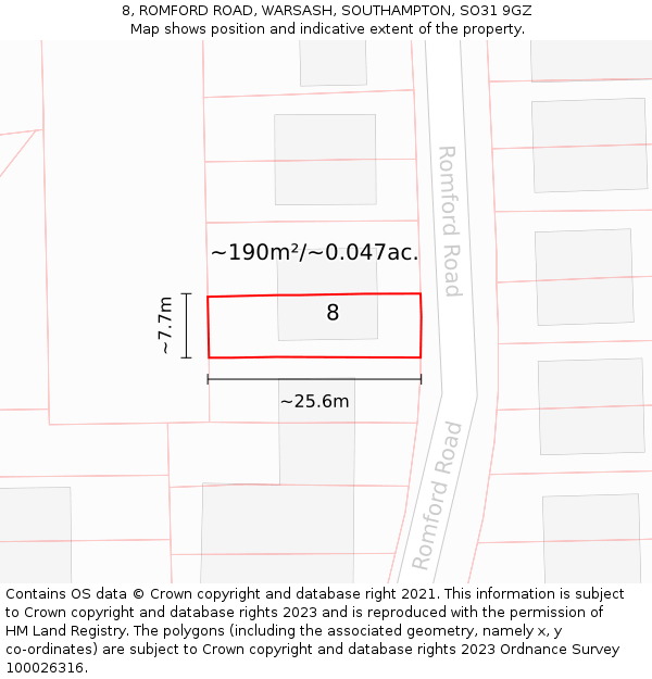 8, ROMFORD ROAD, WARSASH, SOUTHAMPTON, SO31 9GZ: Plot and title map