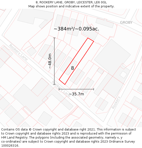 8, ROOKERY LANE, GROBY, LEICESTER, LE6 0GL: Plot and title map