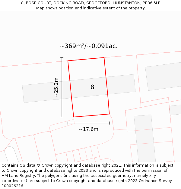 8, ROSE COURT, DOCKING ROAD, SEDGEFORD, HUNSTANTON, PE36 5LR: Plot and title map