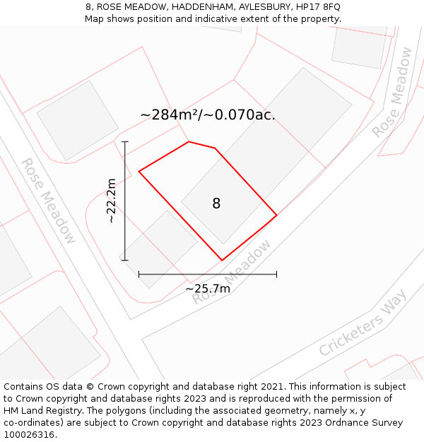 8, ROSE MEADOW, HADDENHAM, AYLESBURY, HP17 8FQ: Plot and title map