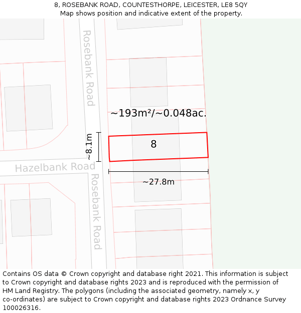 8, ROSEBANK ROAD, COUNTESTHORPE, LEICESTER, LE8 5QY: Plot and title map