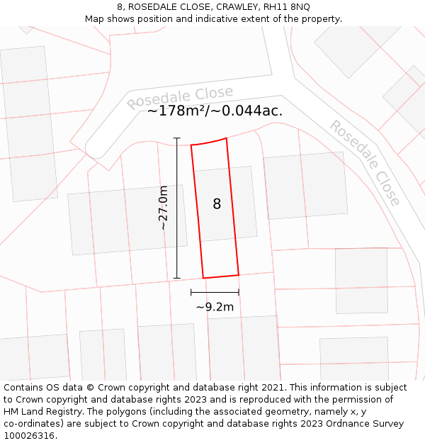 8, ROSEDALE CLOSE, CRAWLEY, RH11 8NQ: Plot and title map