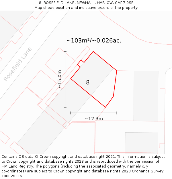 8, ROSEFIELD LANE, NEWHALL, HARLOW, CM17 9SE: Plot and title map